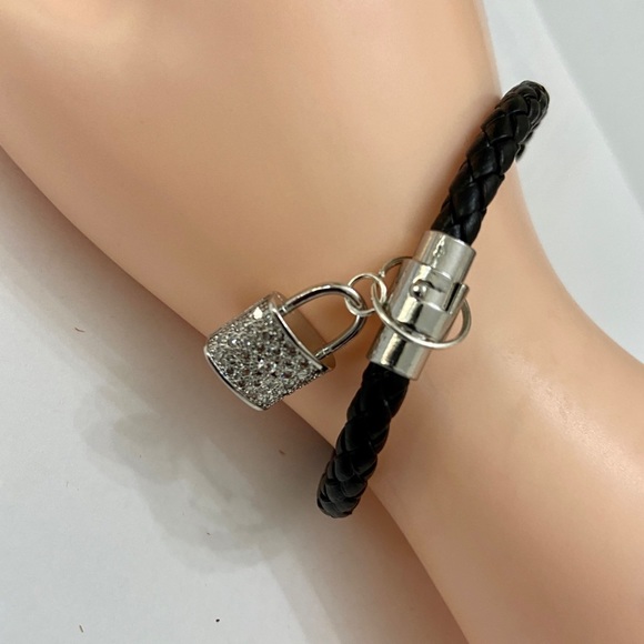 Brown Braided Leather Bracelet with Padlock Charm - Picture 2 of 12